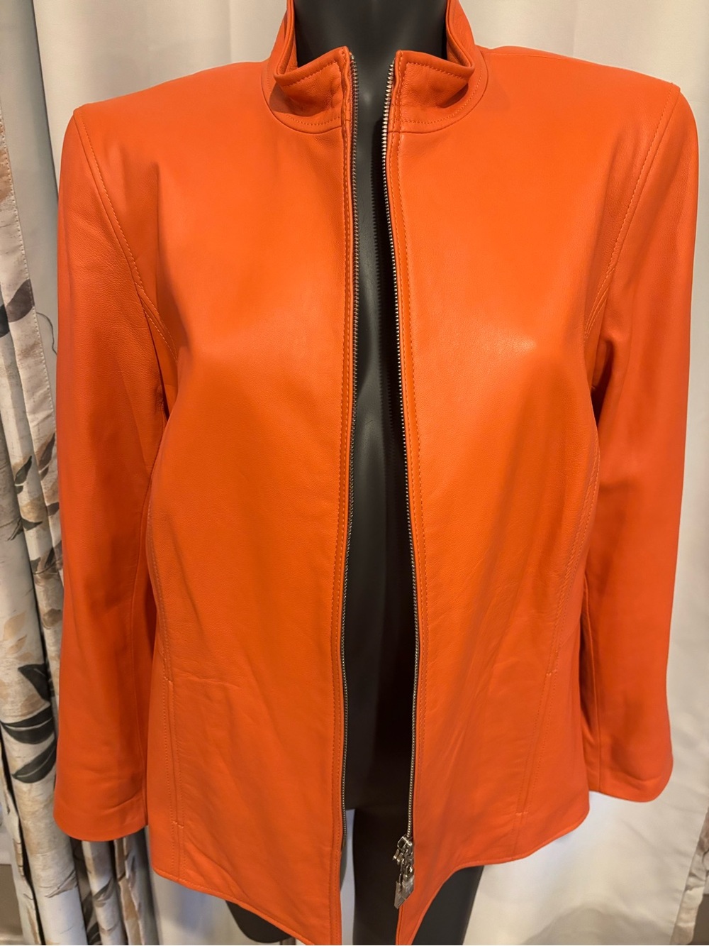 Women’s coral colored Leather Zip-Front Jacket